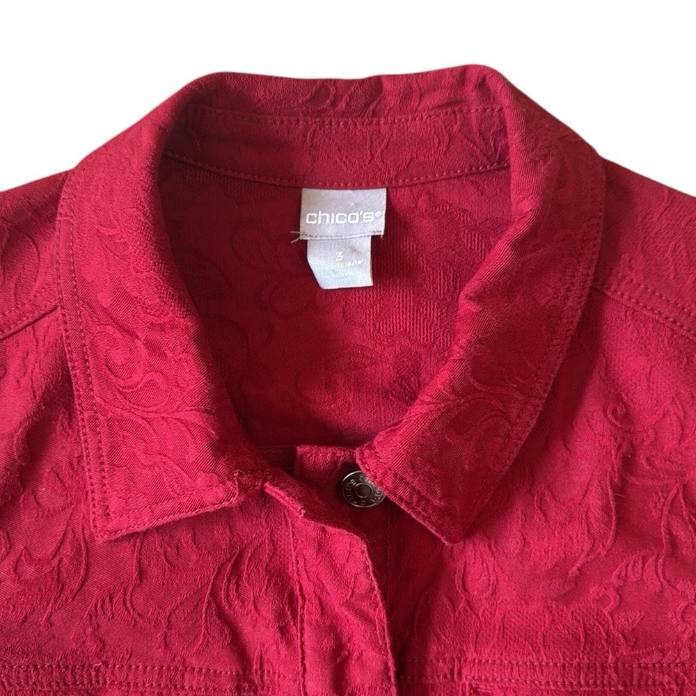 Chicos Red Jacquard Button Front Jacket Coat Layering Cotton Blend Size 3/XL - Picture 6 of 13